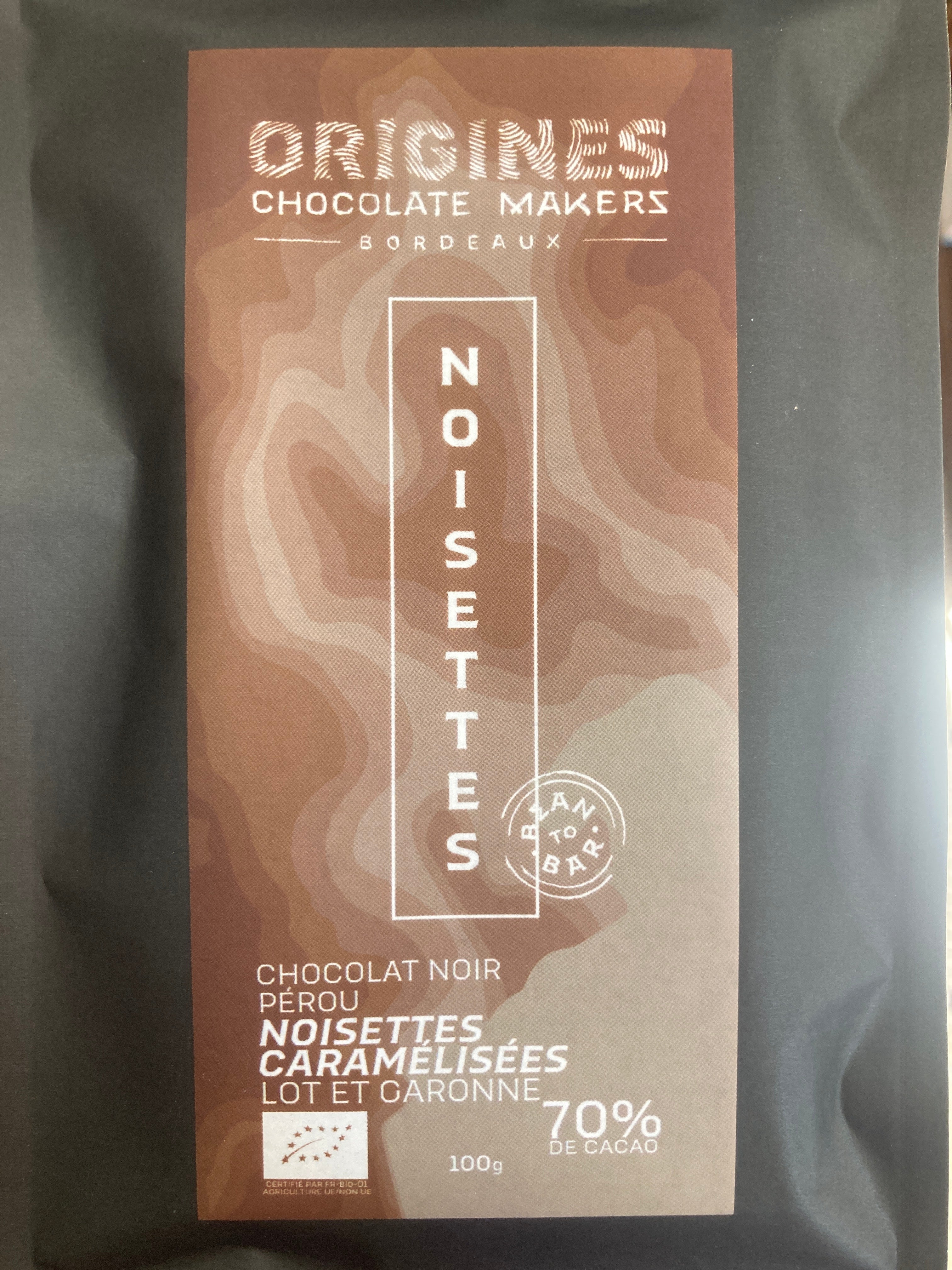 CHOCOLAT NOIR 70% Noisettes Caramélisées - ORIGINES