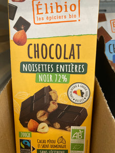 CHOCOLAT NOIR 72% NOISETTES ENTIERES TOASTEE 200G ELIBIO